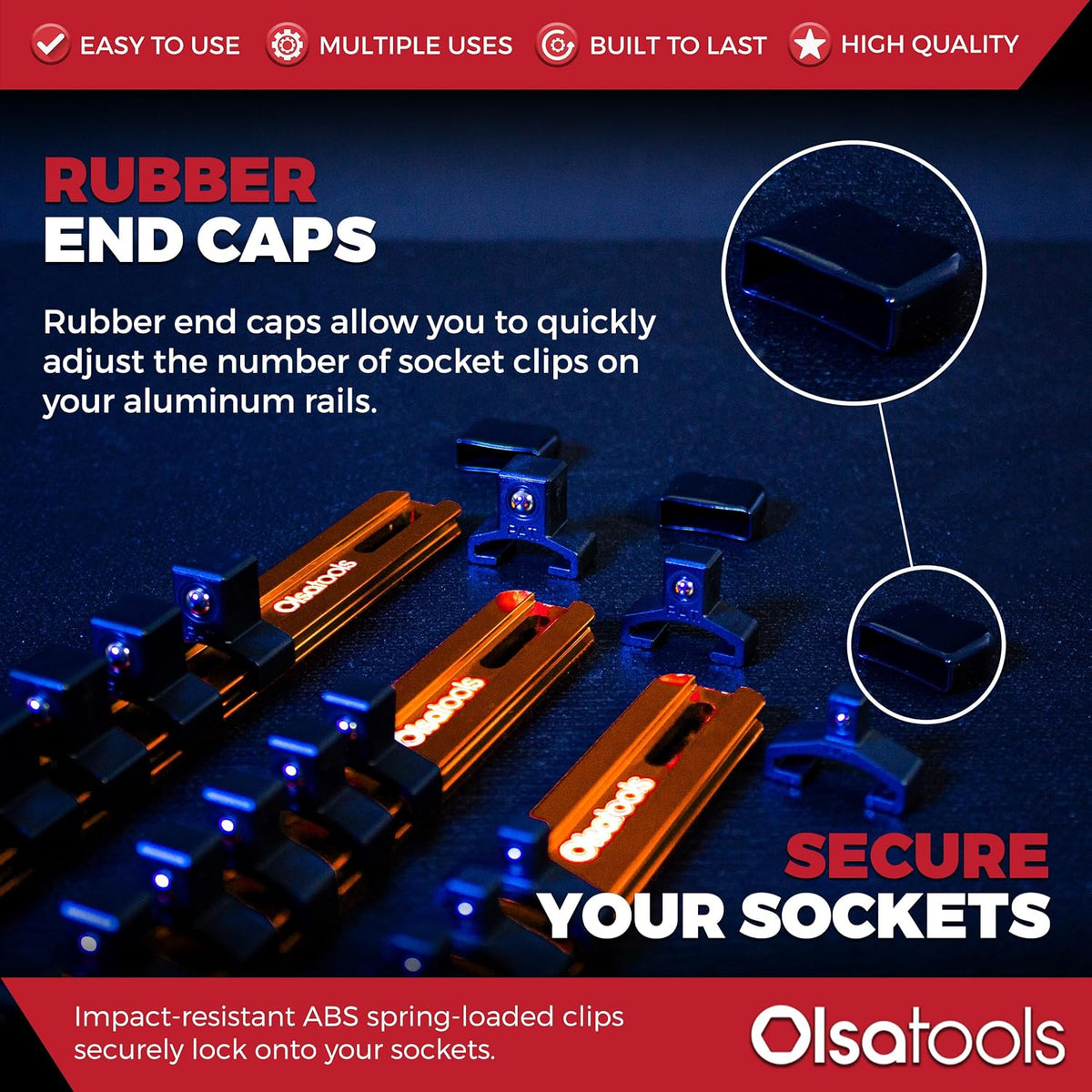 Olsa Tools 3pc Drive Socket Holder Rail, Red Aluminum, 58 Clips