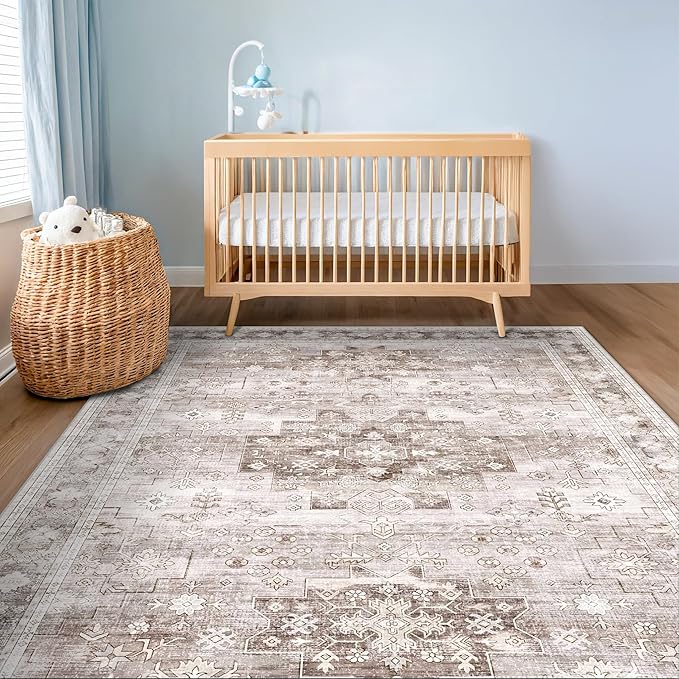 Hazo Haus Washable Neutral Farmhouse Living Room Rug, 5x7 Area Rugs