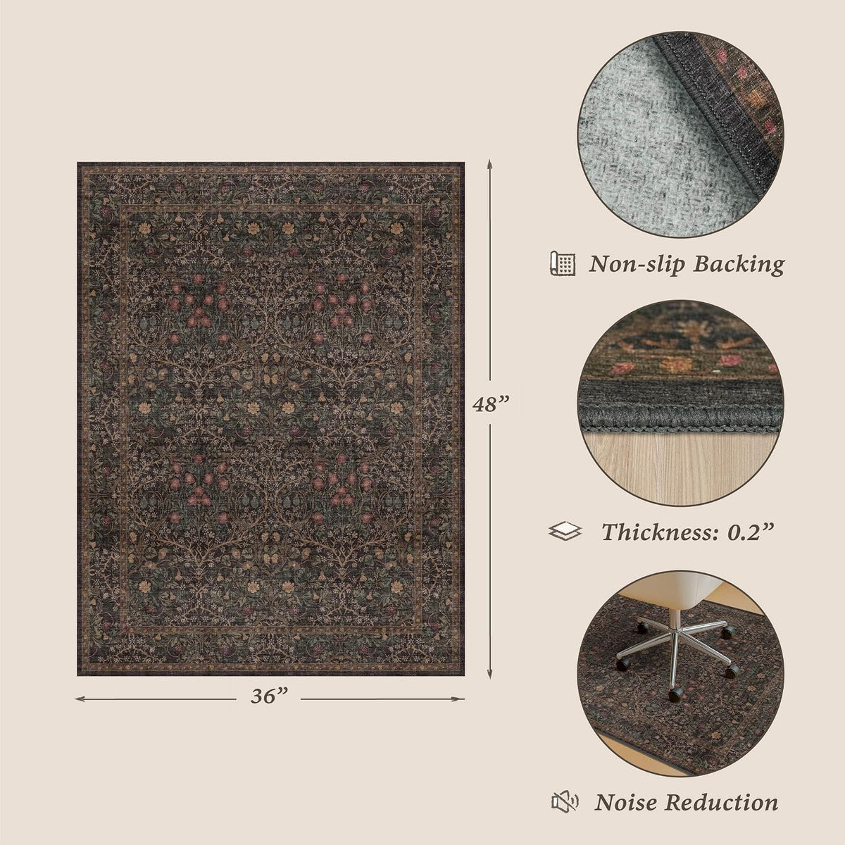 JTJ Office Chair Mat for Hardwood Floors, 36" x 48" Dark Brown Floral Rug