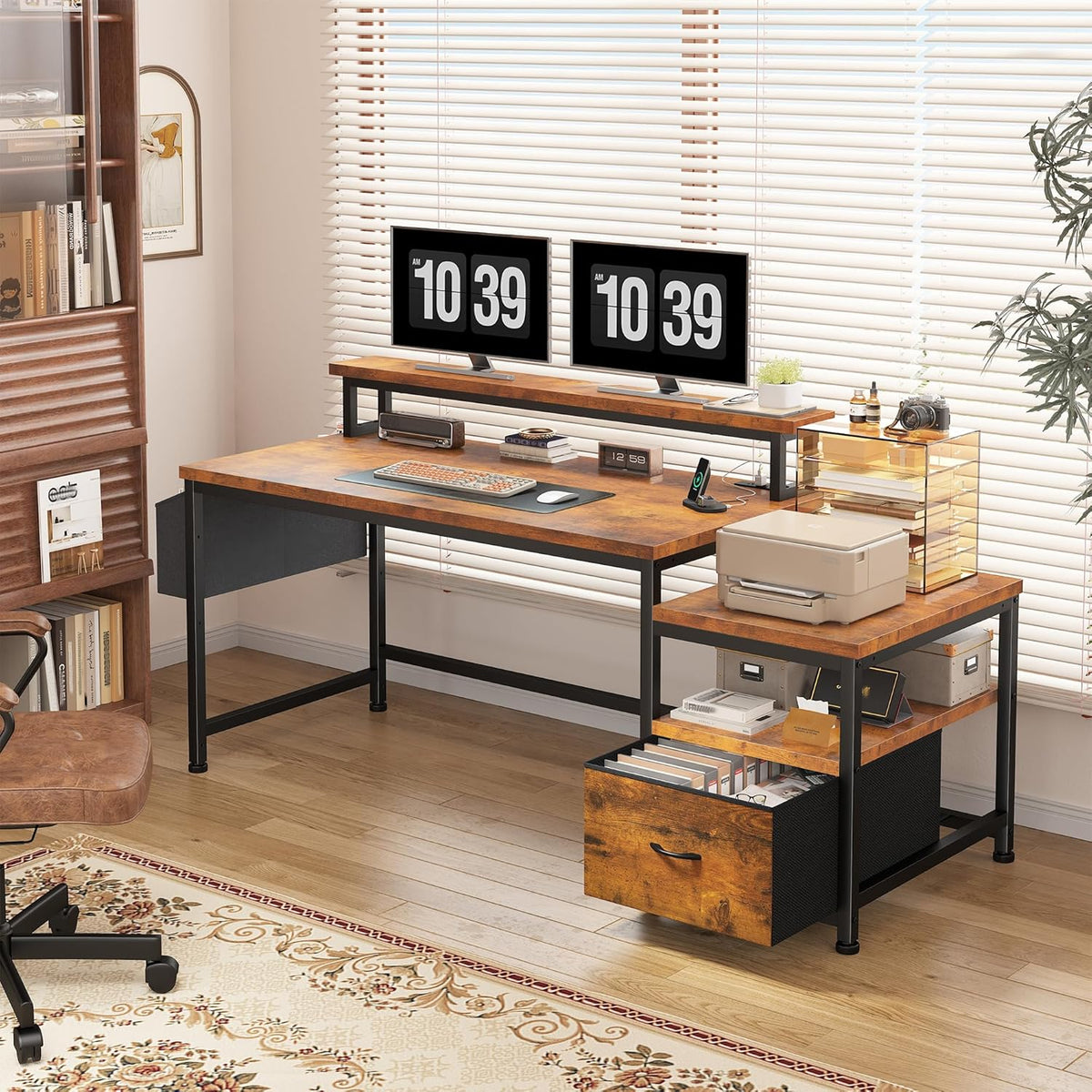EnHomee 56.5" Office Desk with Drawers & Printer Space for Home Work,Brown