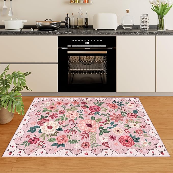 DUKINO 3x4 Area Rug, Lightweight Non Slip Washable Floral Rug, Indoor Low Pile