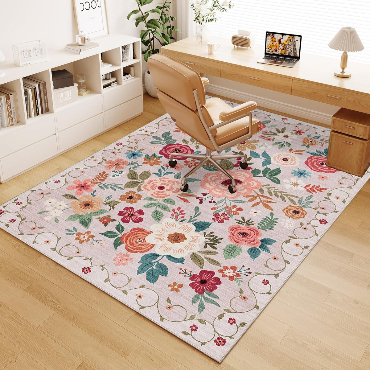DUKINO 4x6 Area Rug, Floral Washable Rug Non Slip Office Chair Mat, Beige