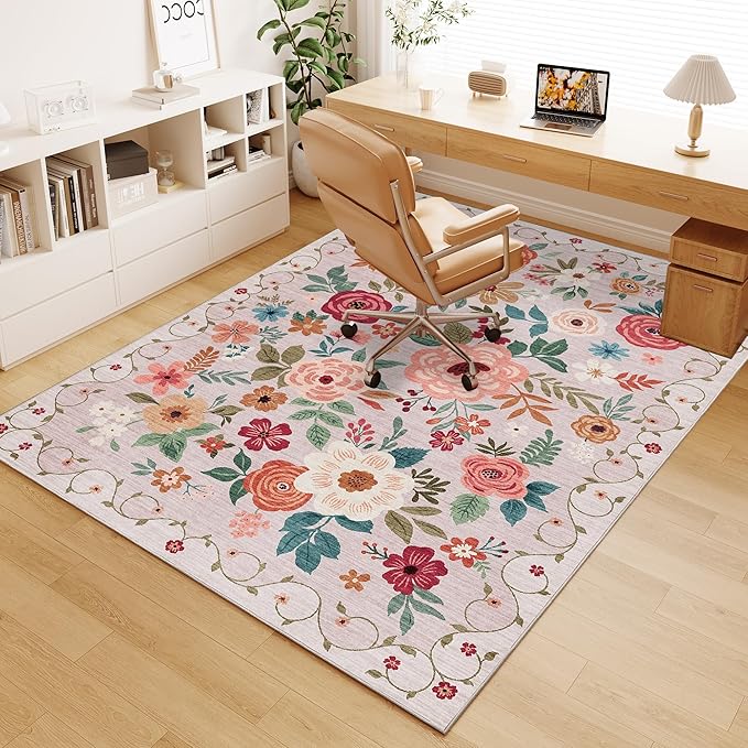 DUKINO 4x6 Feet Office Chair Mat, Lightweight Non Slip Washable Floral Area Rug