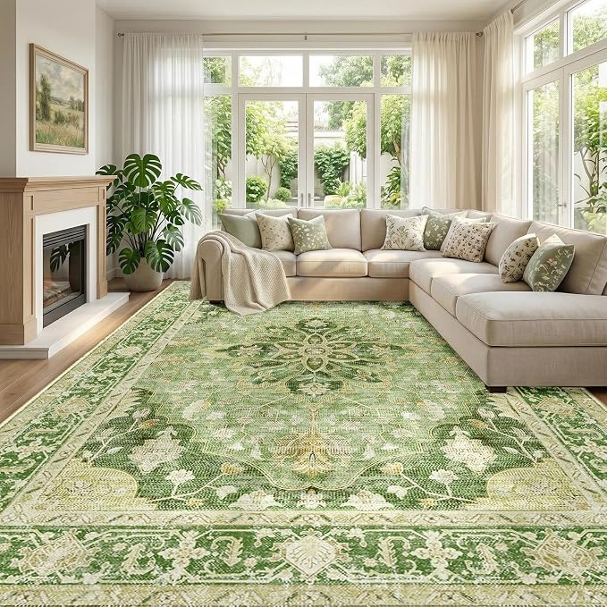 RELEANY Area Rugs Large 10'x14' Washable Non-Slip, Floral Vintage Distress