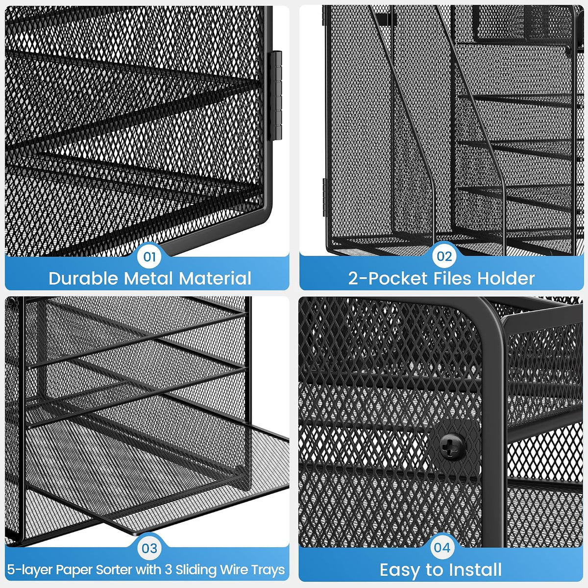 Lavatino Desk Organizer, 5-Tier Metal Mesh Paper Letter Tray with 2 File Holders & 7 Flexible Dividers for Office or Home Desk Organizers and Accessories, Keep Workspace Supplies Neat, Black