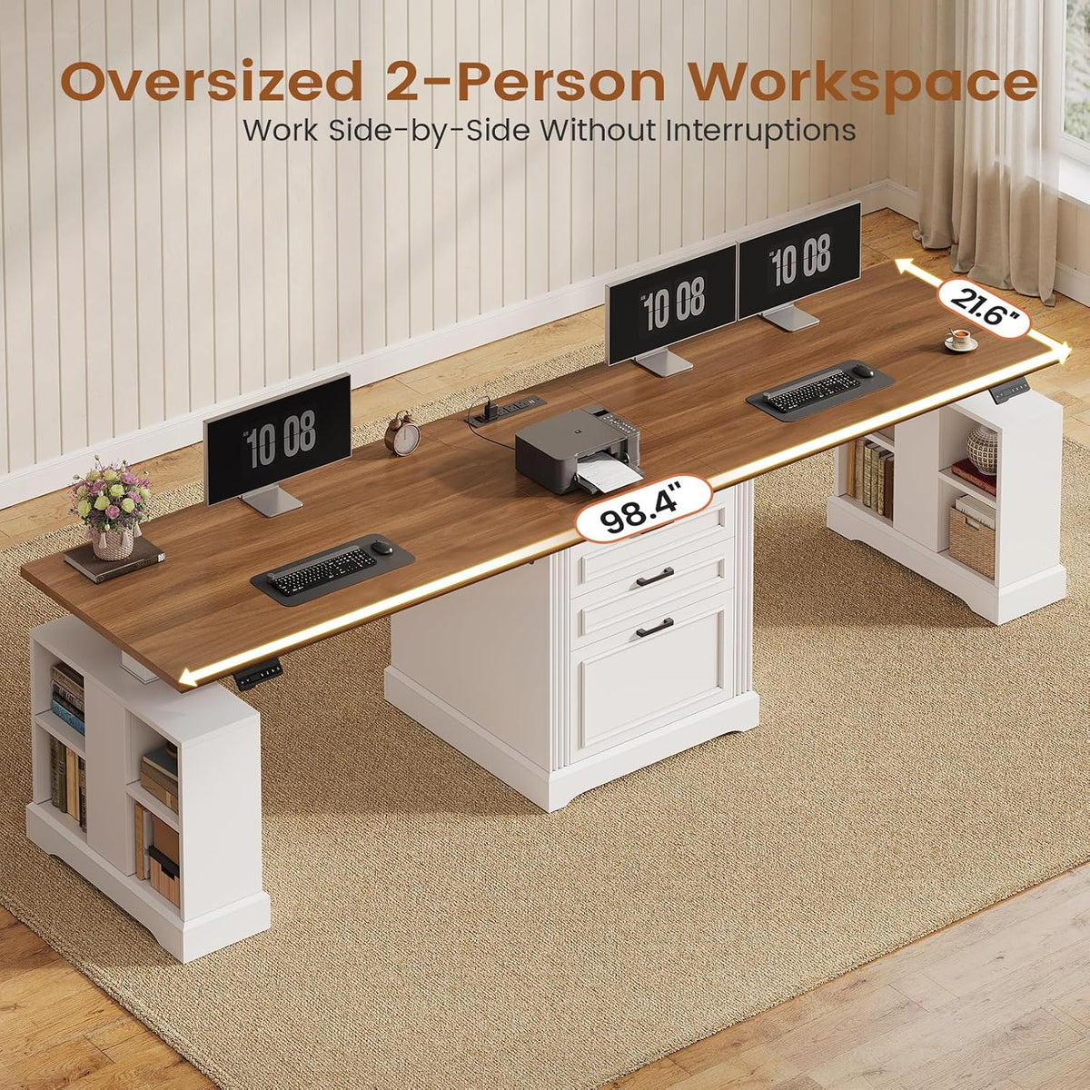 SEDETA 98.4'' Standing Two Person Desk with 3 Drawers, Storage Cabinet