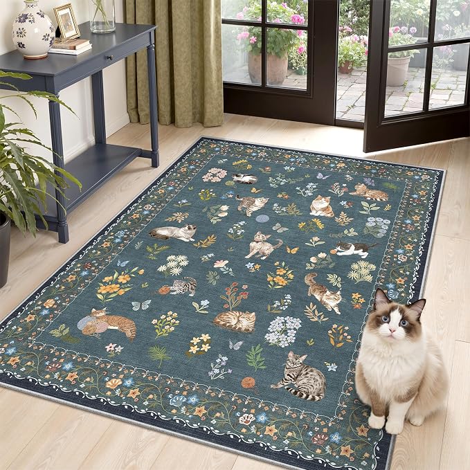 Soalmost Cat 3x5 Area Rugs for Entryway, Machine Washable Animal Floral Accent