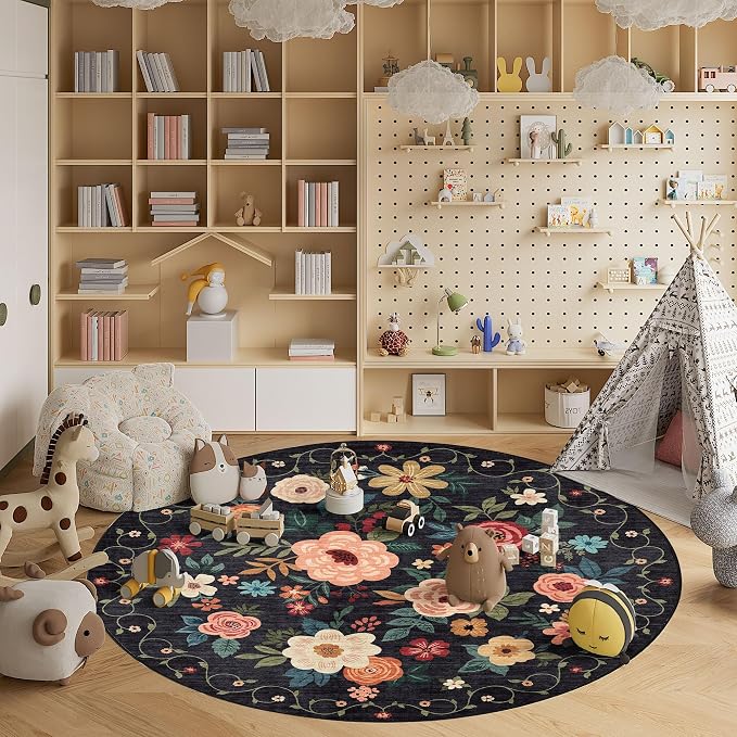 DUKINO Floral Round Rug, 6ft Washable Circle Rug, Non Slip Indoor Low Pile