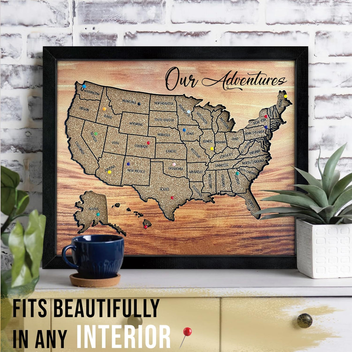 flinelife Cork Board Usa Travel Map With Pins, 13x11, Medium Size, Map of United States, Perfect For Couples and Families Gift