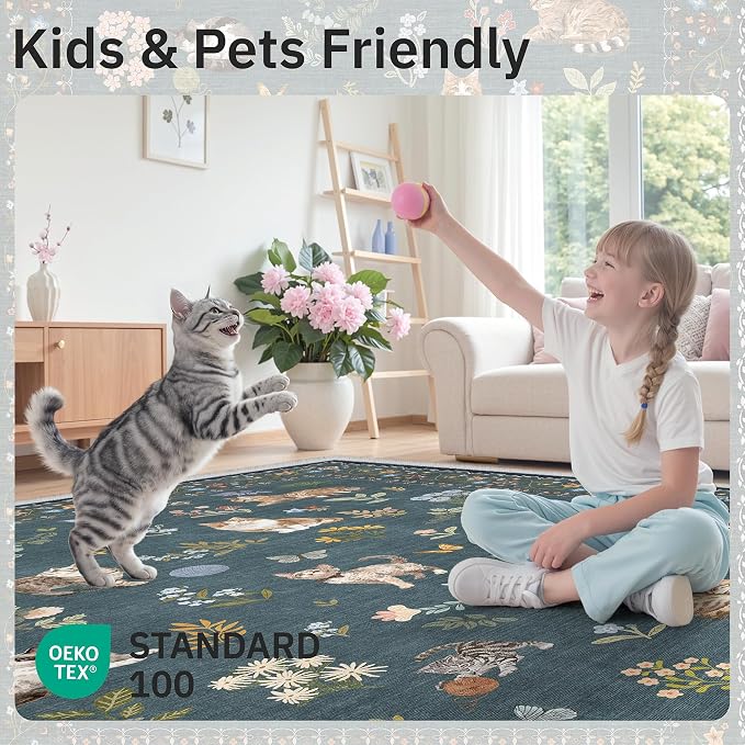 Soalmost Cat 5x7 Area Rugs for Living Room, Machine Washable Animal Floral