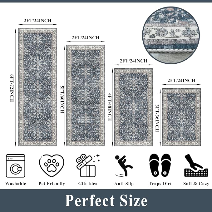 Kitchen Rug Sets 4-Piece with Runner – Washable Non-Slip Floor Mats