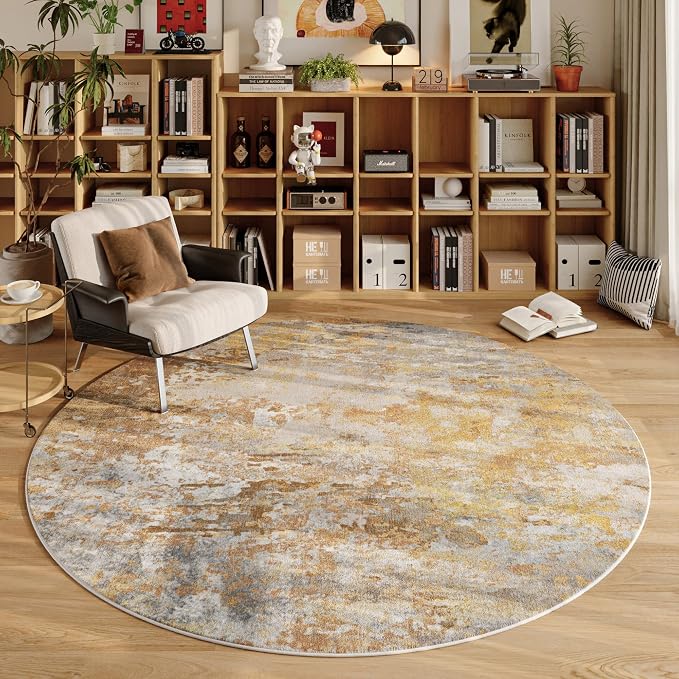 Beige Gold Round Rugs 6ft Washable Circle Area Rug