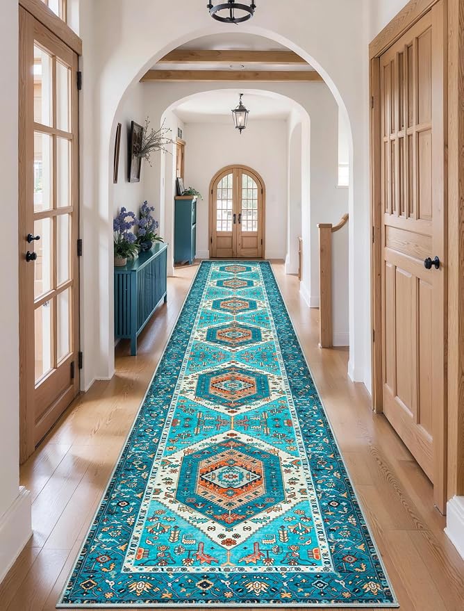 SERISSA Runner Rug for Hallways, Extra Long Boho Rug Ultra Soft Vintage Blue
