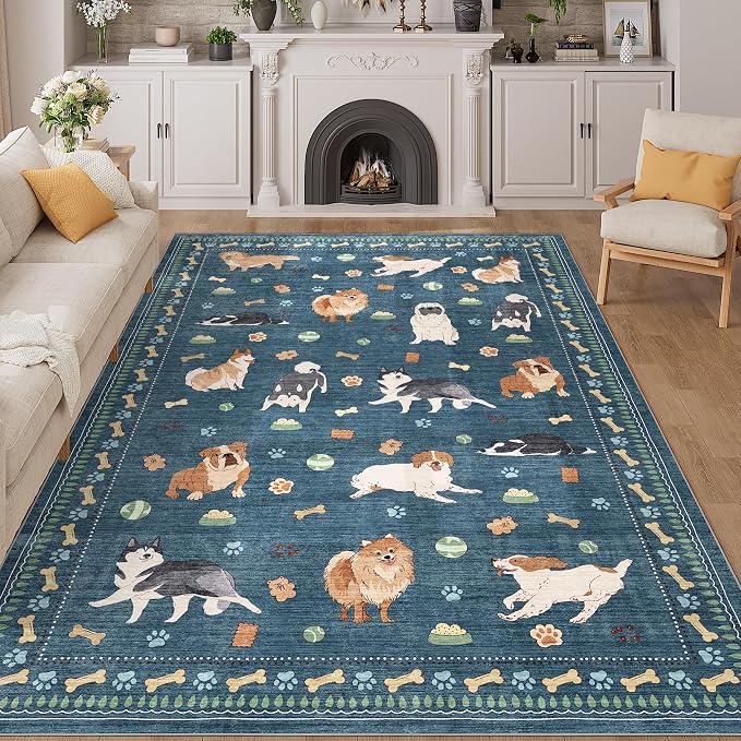 DUKINO 6x9 Rug for Living Room, Lightweight Animal Dog Print Washable Area Rug