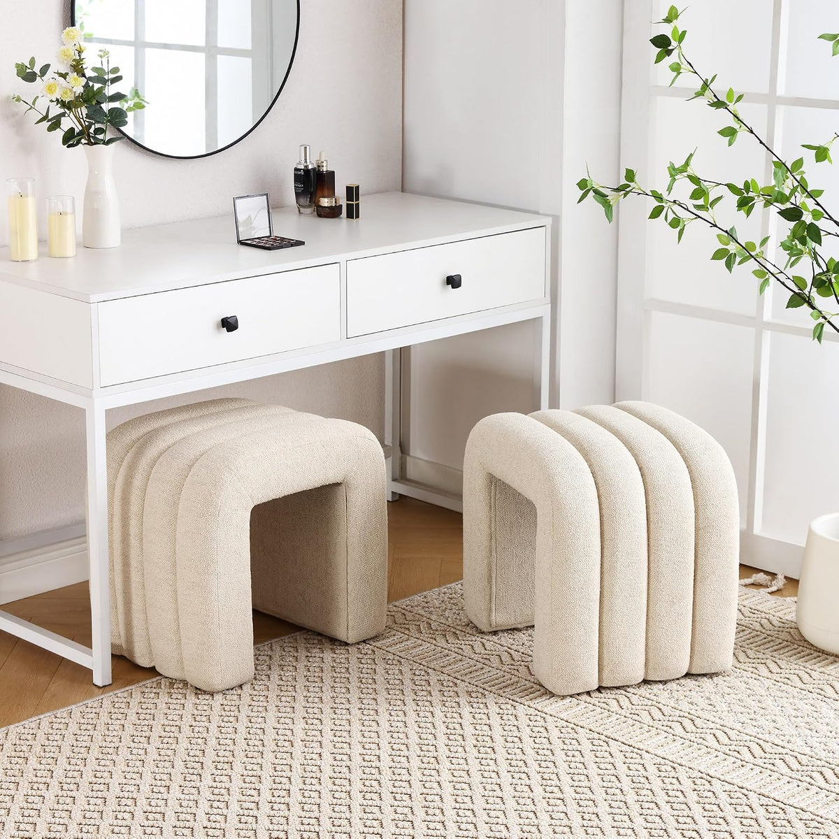 ONEVOG Beige Pouf Ottoman, Foot Rest for Couch 18 inch Cute Vanity Chair for Makeup, Sturdy Frame, Living Room Decor, Upholstered Footrest for Dorm, Bedroom