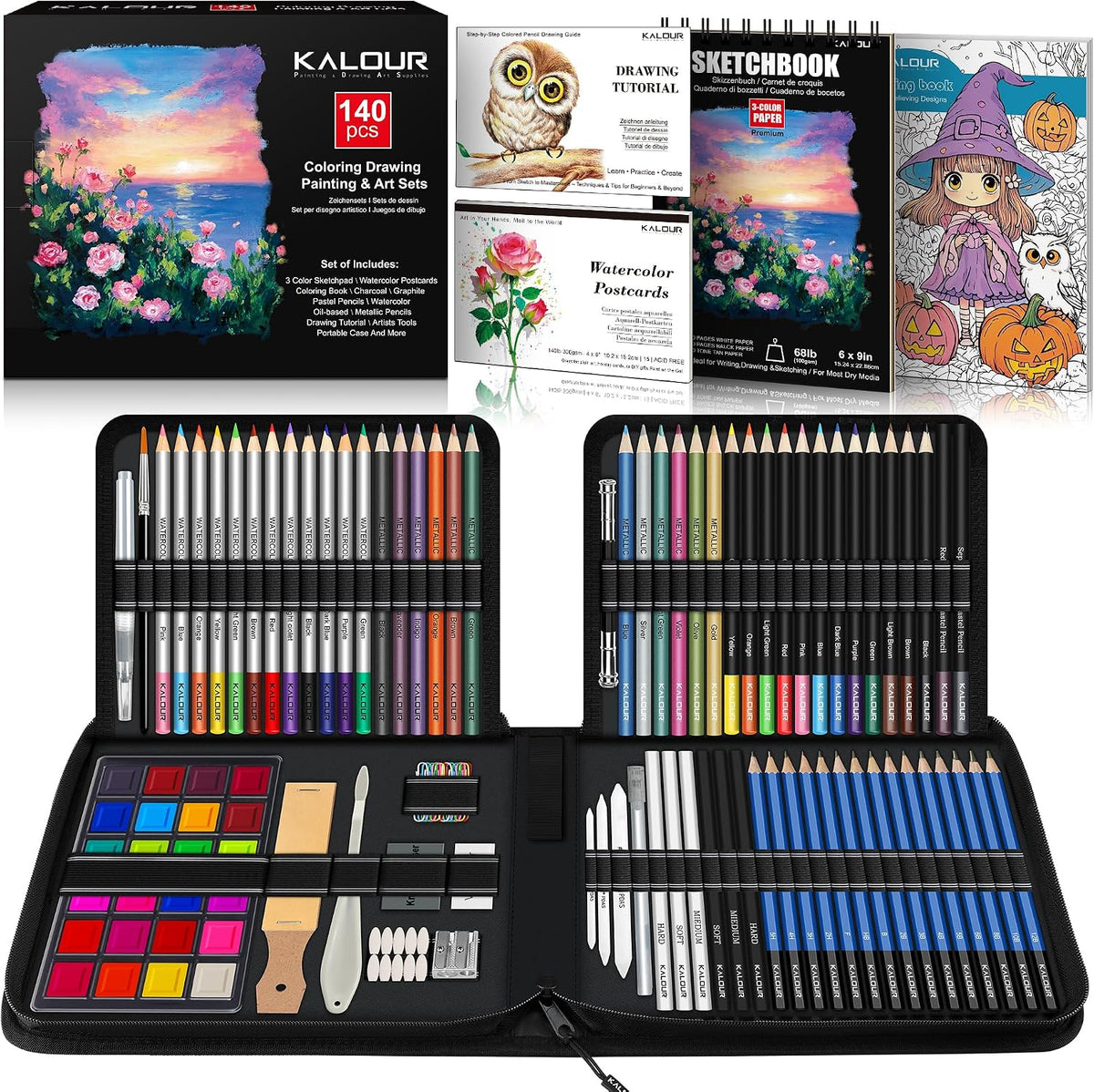 KALOUR 140 Drawing Set Sketching Kit,Art Supplies with 3-color Sketchbook & Coloring Paper,Include Tutorial, Colored, Graphite, Charcoal, Watercolor & Metallic Pencil,for Artists Adults Teens Beginner