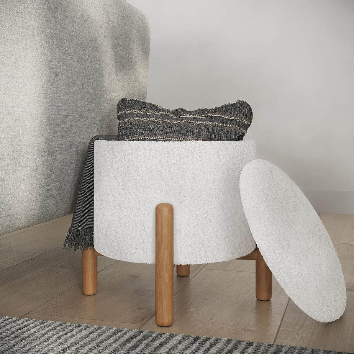 Round Sherpa Storage Ottoman Pouf with Removable Lid – Plush Couch Footrest & Hidden Organizer for Small Spaces, Dorm or Living Room by Lavish Home (White)