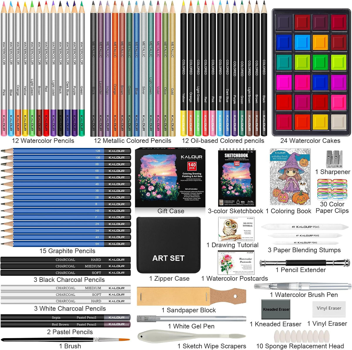KALOUR 140 Drawing Set Sketching Kit,Art Supplies with 3-color Sketchbook & Coloring Paper,Include Tutorial, Colored, Graphite, Charcoal, Watercolor & Metallic Pencil,for Artists Adults Teens Beginner