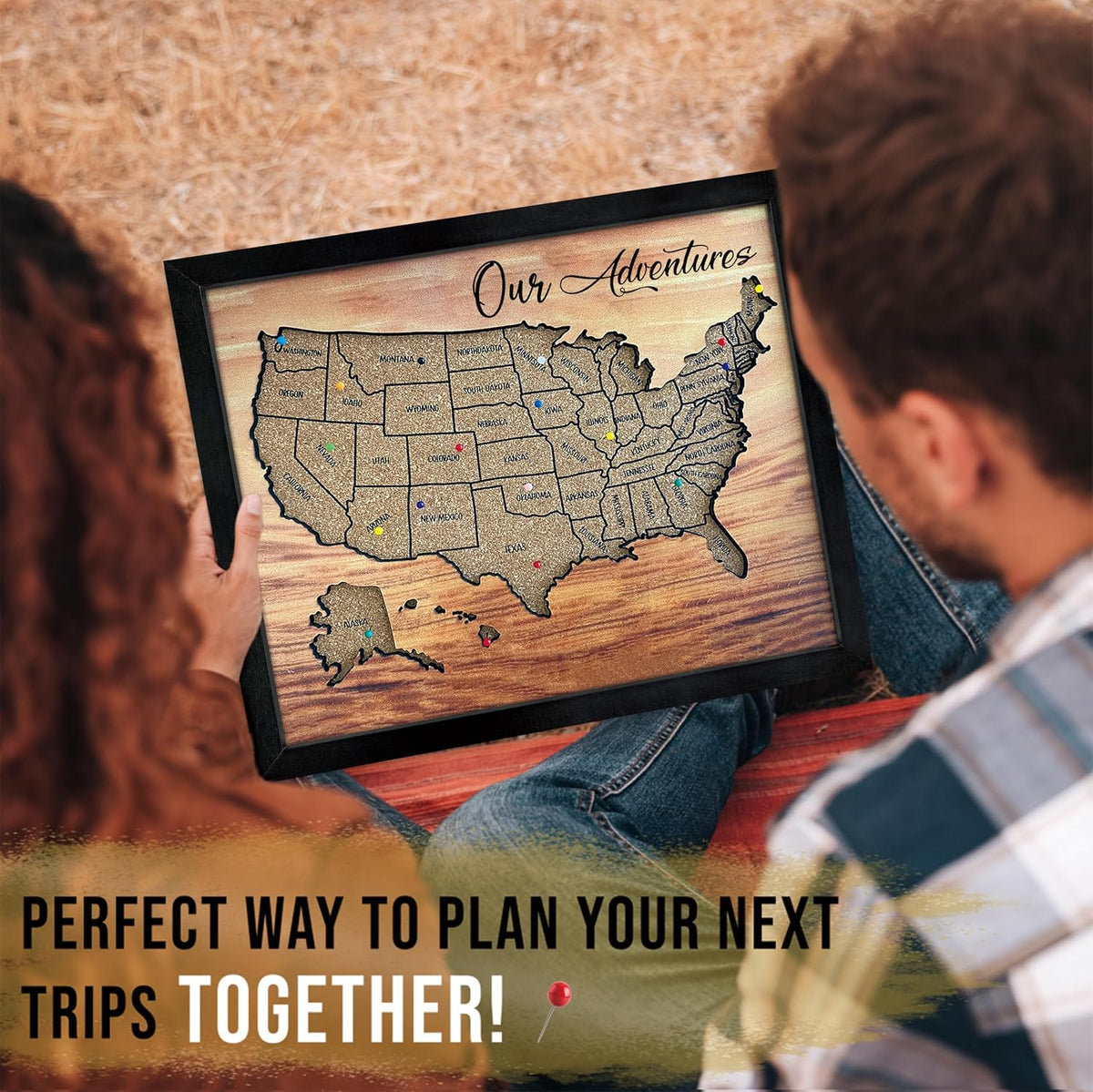 flinelife Cork Board Usa Travel Map With Pins, 13x11, Medium Size, Map of United States, Perfect For Couples and Families Gift