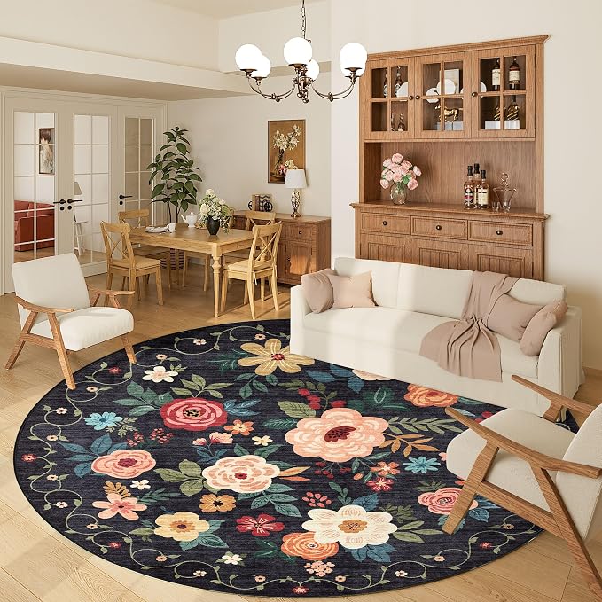 DUKINO Floral Round Rug, 6ft Washable Circle Rug, Non Slip Indoor Low Pile