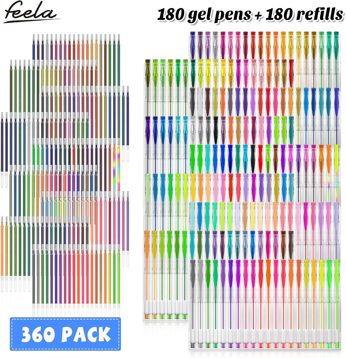 feela 360 Colors Gel Pens Set 180 Unique Gel Pen Plus 180 Refills for Adult Coloring Books Drawing