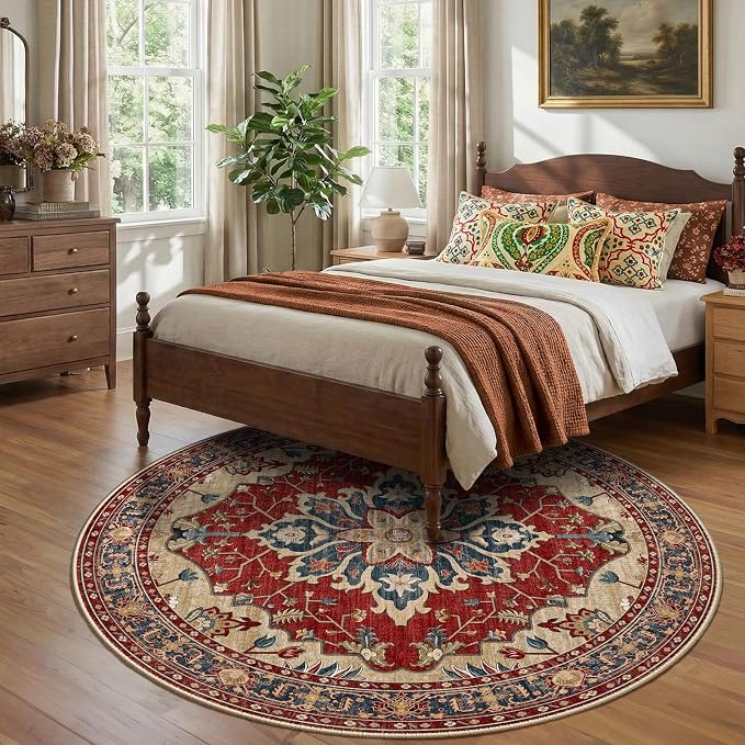 RELEANY Area Rugs Round 8ft Washable Non-Slip, Floral Vintage Distress