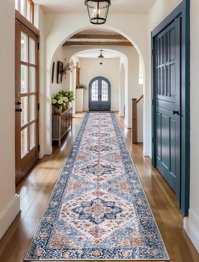 SERISSA Runner Rug for Hallways, Extra Long Boho Rug Ultra Soft Vintage Blue