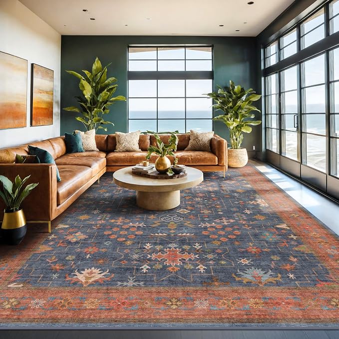 Boho Navy Blue 10x12 Area Rug for Living Room, Extra Large Dining Room Rugs for