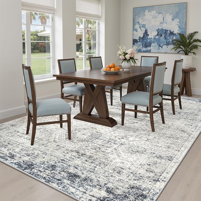 Soalmost 5x8 Area Rugs Blue Ivory Low Pile Indoor Washable Trendy Faded Style