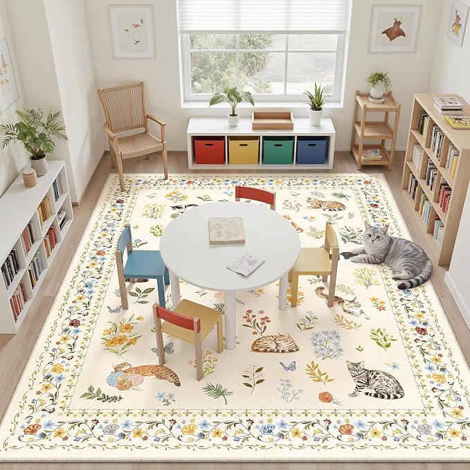 Soalmost Cat 9x12 Area Rugs for Living Room, Machine Washable Animal Floral