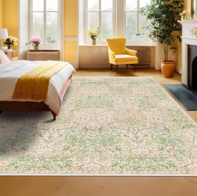 Hazo Haus Light Beige Green Living Room Rug, 6x8 Washable Area Rug