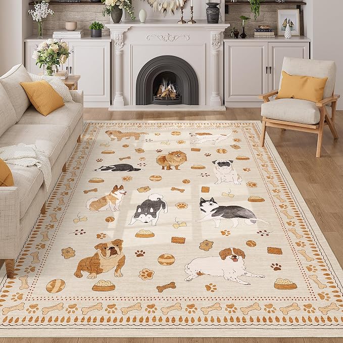DUKINO 6x9 Rug for Living Room, Lightweight Animal Dog Print Washable Area Rug