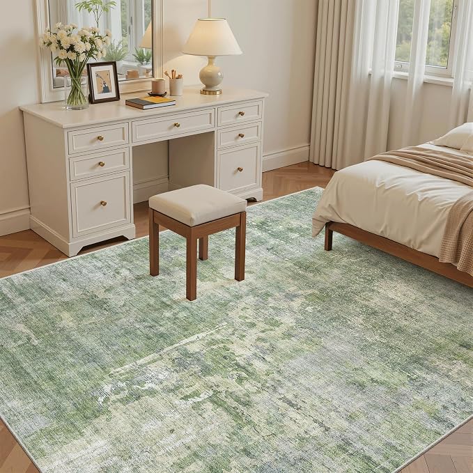Soalmost 5x8 Area Rugs Green/Ivory Low Pile Indoor Washable Trendy Faded Style