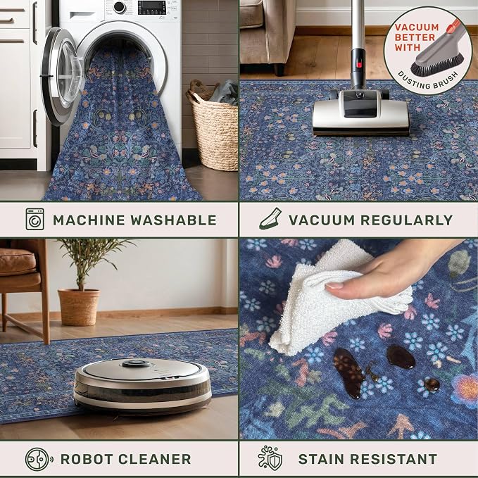Dark Blue Washable 2x7 Runner Rug Non Slip