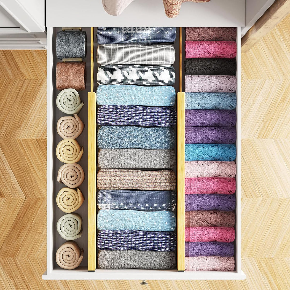 SpaceAid Bamboo 4 Pack Dresser Drawer Dividers, 4.65“ High Adjustable 17“-22” Drawer Organizers, Expandable Organization for Clothing, Clothes, Dressers, Natural