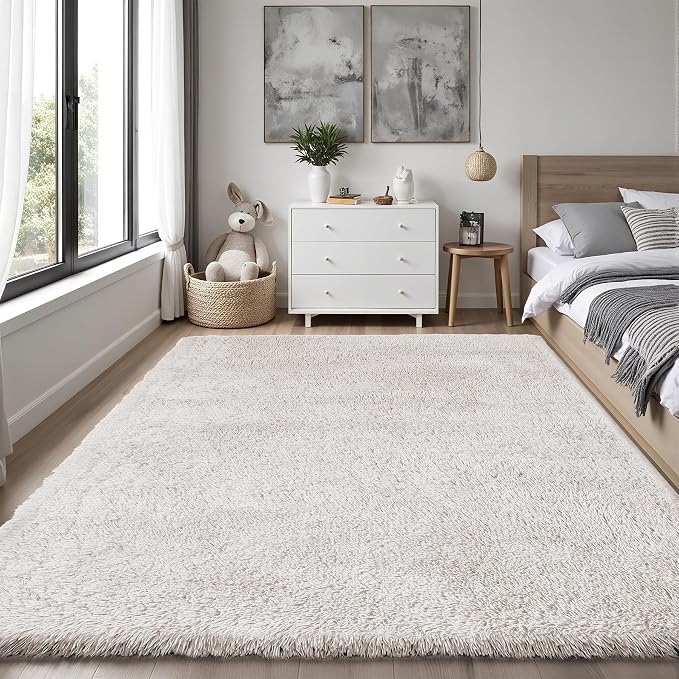 Area Rug for Living Room Bedroom: 4x6 White Soft Fluffy Shag Upgrade Non-Slip