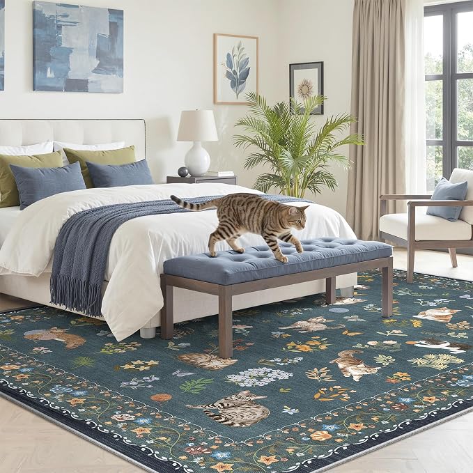 Soalmost Cat 6x9 Area Rugs for Living Room, Machine Washable Animal Floral