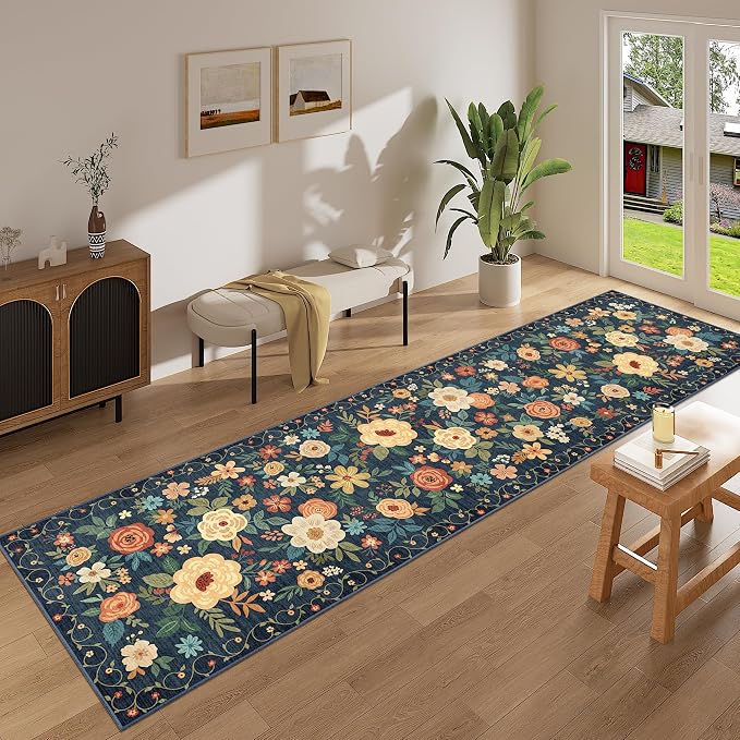 DUKINO 2.6x14 Kitchen Runner Rug, Lightweight Floral Washable Rug
