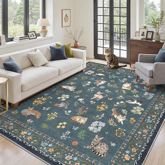 Soalmost Cat 6x9 Area Rugs for Living Room, Machine Washable Animal Floral