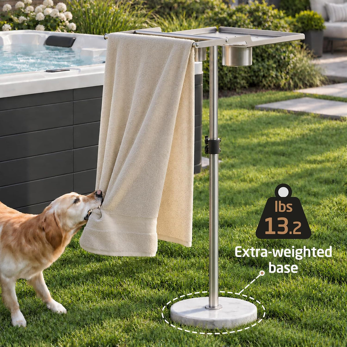 KES Outdoor Towel Rack for Hot Tub Pool, 13 Lb Natural Marble Weighted Base