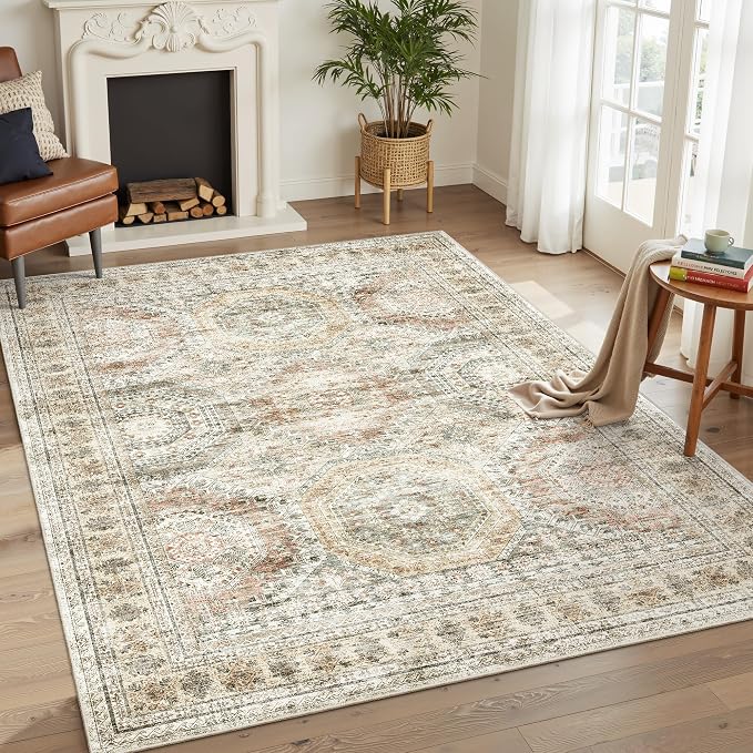 Soalmost 5x7 Area Rugs Brown Pink Low Pile Indoor Washable Trendy Faded Style