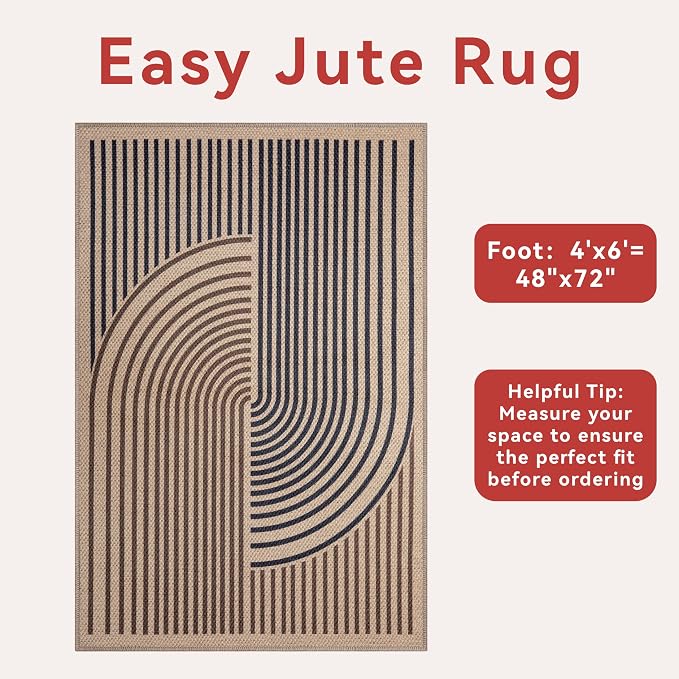 Tangsoo Easy Jute 4x6 Rug for Patio, Non-Slip Dark Brown Indoor Outdoor Carpet