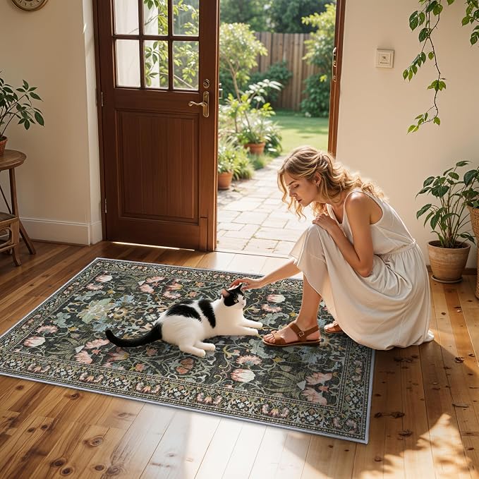 Washable 4x6 Bedroom Rug for Family: Non-Slip Floral Small Carpet for Living