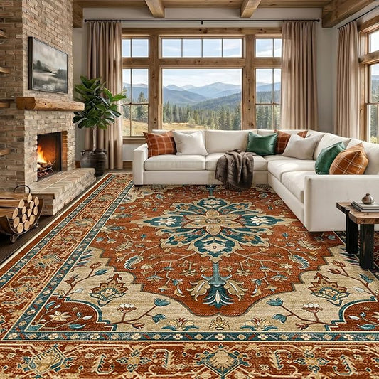 RELEANY Area Rugs Large 9'x12' Washable Non-Slip, Floral Vintage Distress