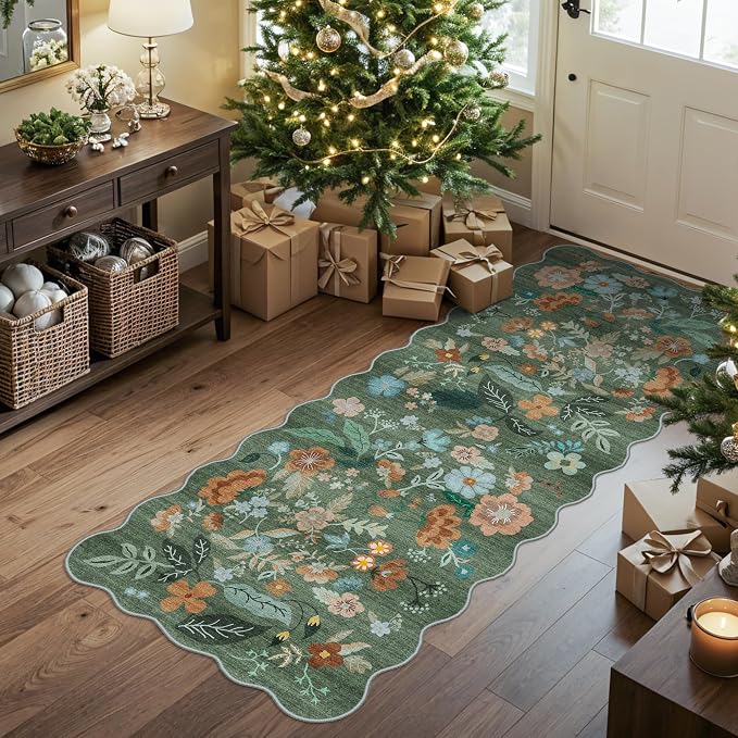 2x5 Washable Kitchen Area Rug: Floral Scalloped Entryway Runner Farmhouse