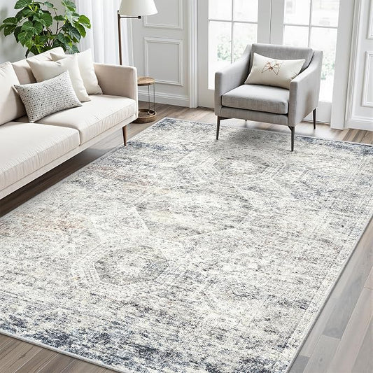 Soalmost 5x8 Area Rugs Blue Ivory Low Pile Indoor Washable Trendy Faded Style