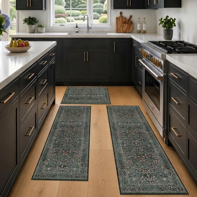 Black Green Kitchen Rug Set of 3, Washable Non-Slip Mats
