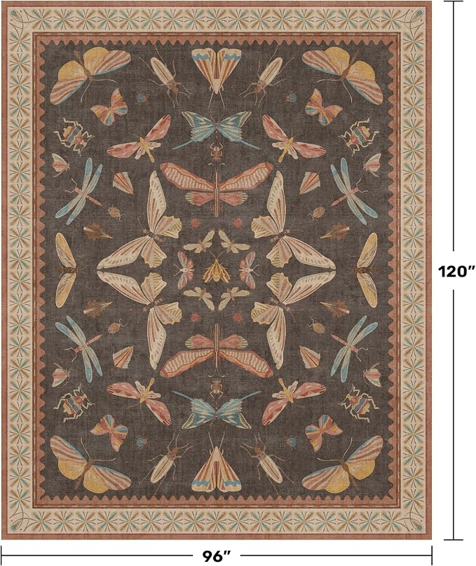 Brown Large 8x10 Living Room Area Rug, Unique Washable Insect Rugs
