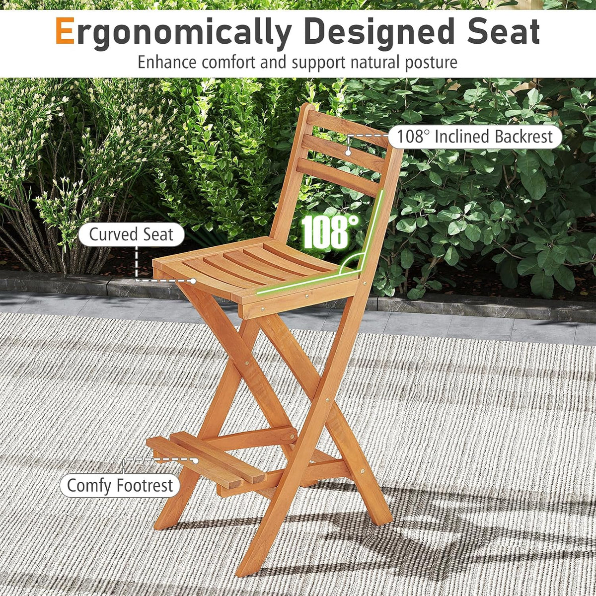 Tangkula Patio Folding Barstool, Outdoor Portable High Top Acacia Wood Bar Height Chair with Backrest & Footrest,for Backyard, Garden, Front Porch (1)