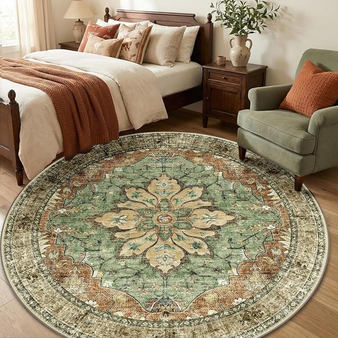 RELEANY Area Rugs Round 6ft Washable Non-Slip, Floral Vintage Distress